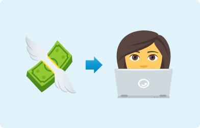 H&S - Internet Banking Emoji of money with wings with an arrow pointing to a lady on her laptop on a light blue background