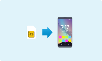 Sim card and mobile phone emoji Emoji of a sim card and an arrow pointing at an emoji of a mobile phone on a light blue background