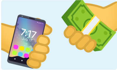 H&S - Trade In - Moorup Emoji of a hand holding a mobile and another hand holding cash exchanging goods