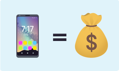 H&S - Trade In - How does it work Emoji of a mobile phone and an equals symbol going to a bag of money on a light blue background