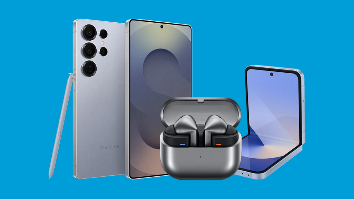 Samsung - GWP - S25 Ultra/Z Flip6 - Buds - April 2025 Image of the Samsung Galaxy S25 Ultra smartphone and the Samsung Z Flip 6 smartphone and a pair of the Galaxy Buds3 Pro on a blue background