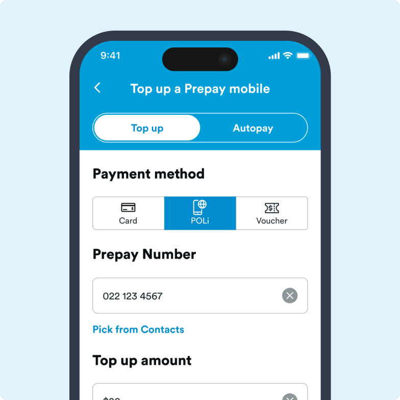 Screenshot of the mobile app showing a prepay top up with POLi payment as the method of payment