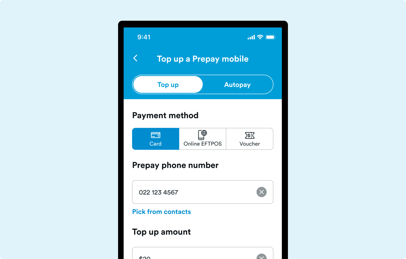 H&S - Payments - 2degrees App - Card Payment Screenshot of the 2degrees App and selected to card payment