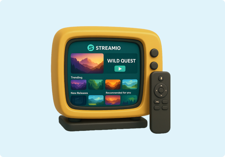 3D emoji of a TV and remote with a streaming service on the tv screen