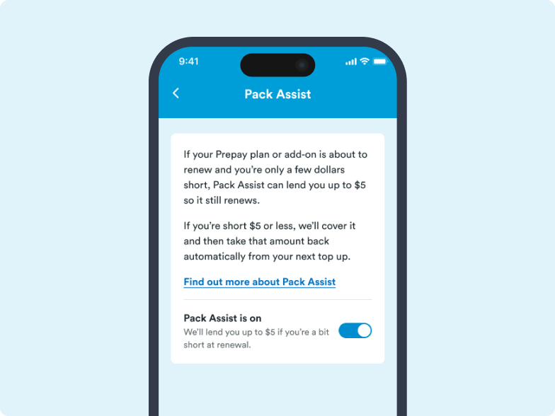 A screenshot of the mobile app showing where to turn pack assist on or off as needed