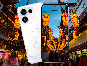 Image of an OPPO Reno 16 with an image of Shanghai on the screen