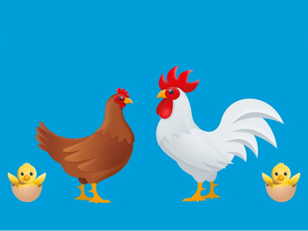 Image of a rooster and a hen with baby chicks on a blue background