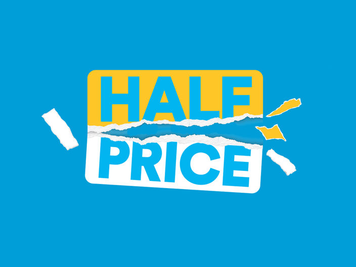 half price plans sale tag on a blue background