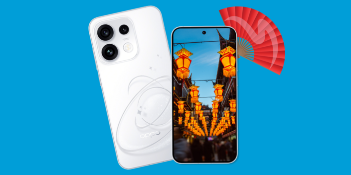 Image of the OPPO Reno 16 phone with an image of Shanghai on the screen and a fan