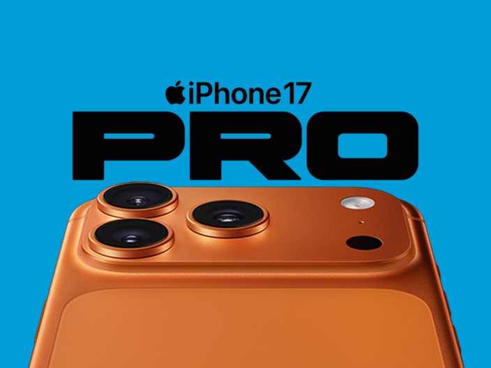 Apple iPhone 17 Pro on a blue background